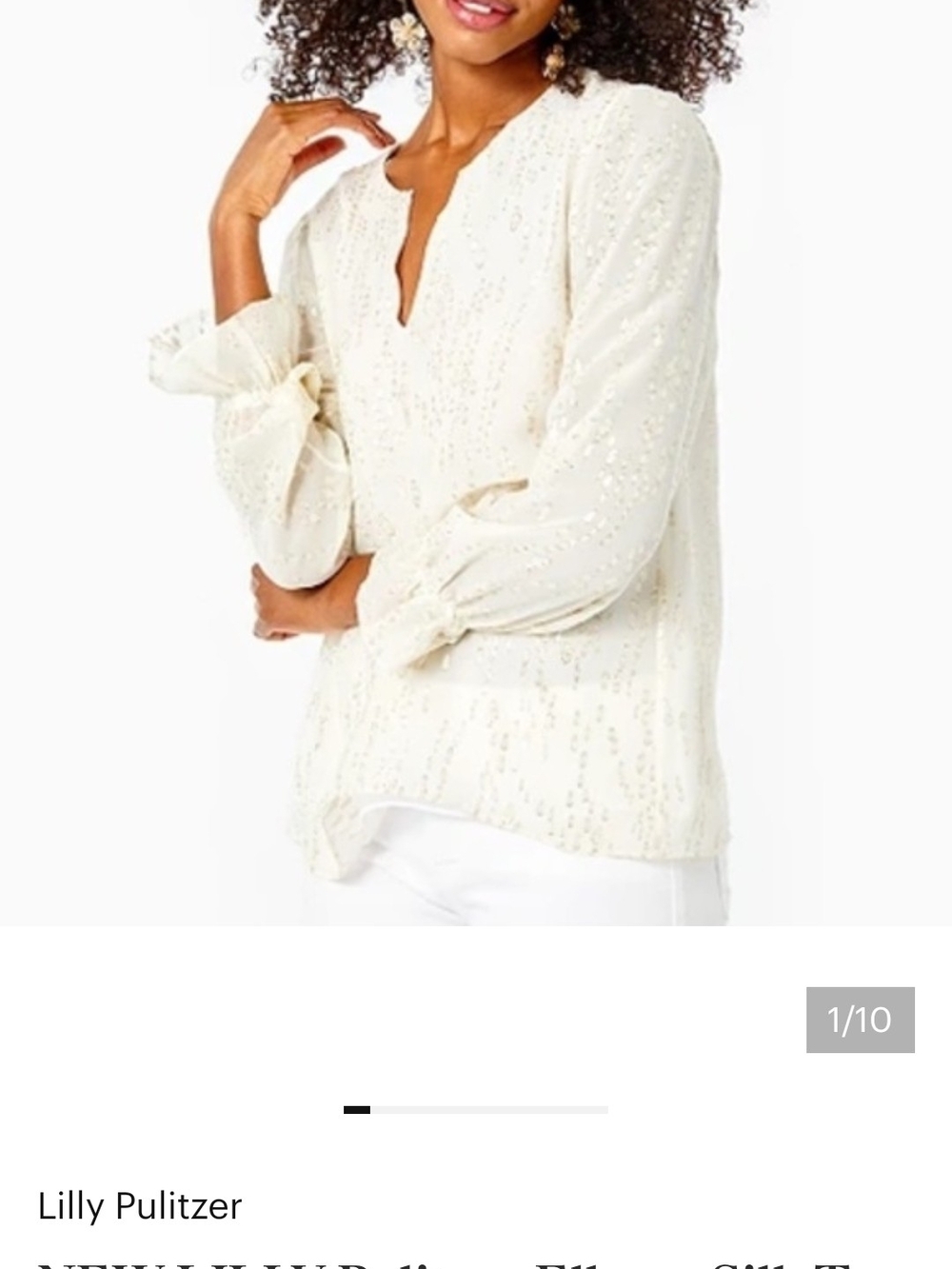 Lilly Pulitzer Cream Sequin Split-Neck Puff-Sleeve Top